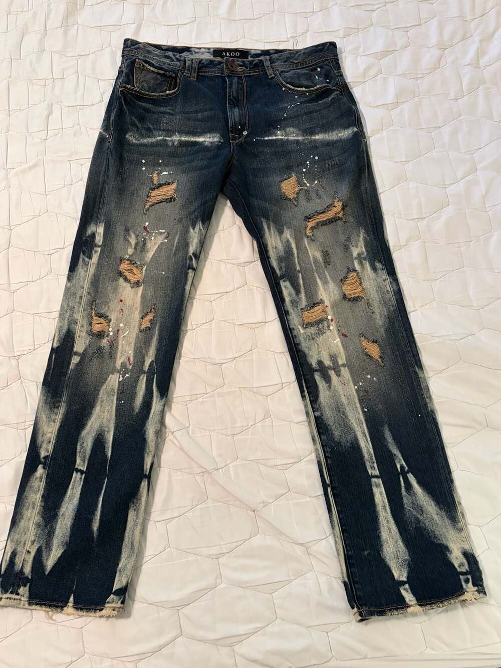 AKOO Men’s Jeans Size 36 Distressed Paint Splatter Y2K Hip Hop Streetwear Denim